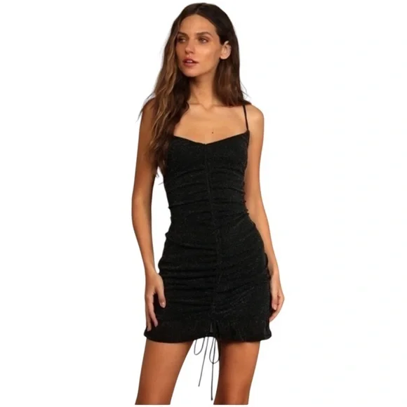 Lulus | Dresses | Lulus Talk Of The Party Black Sparkly Ruched Bodyconmini  Dress | Poshmark